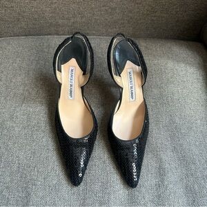 Manolo Blahnik black sequin slingback heels